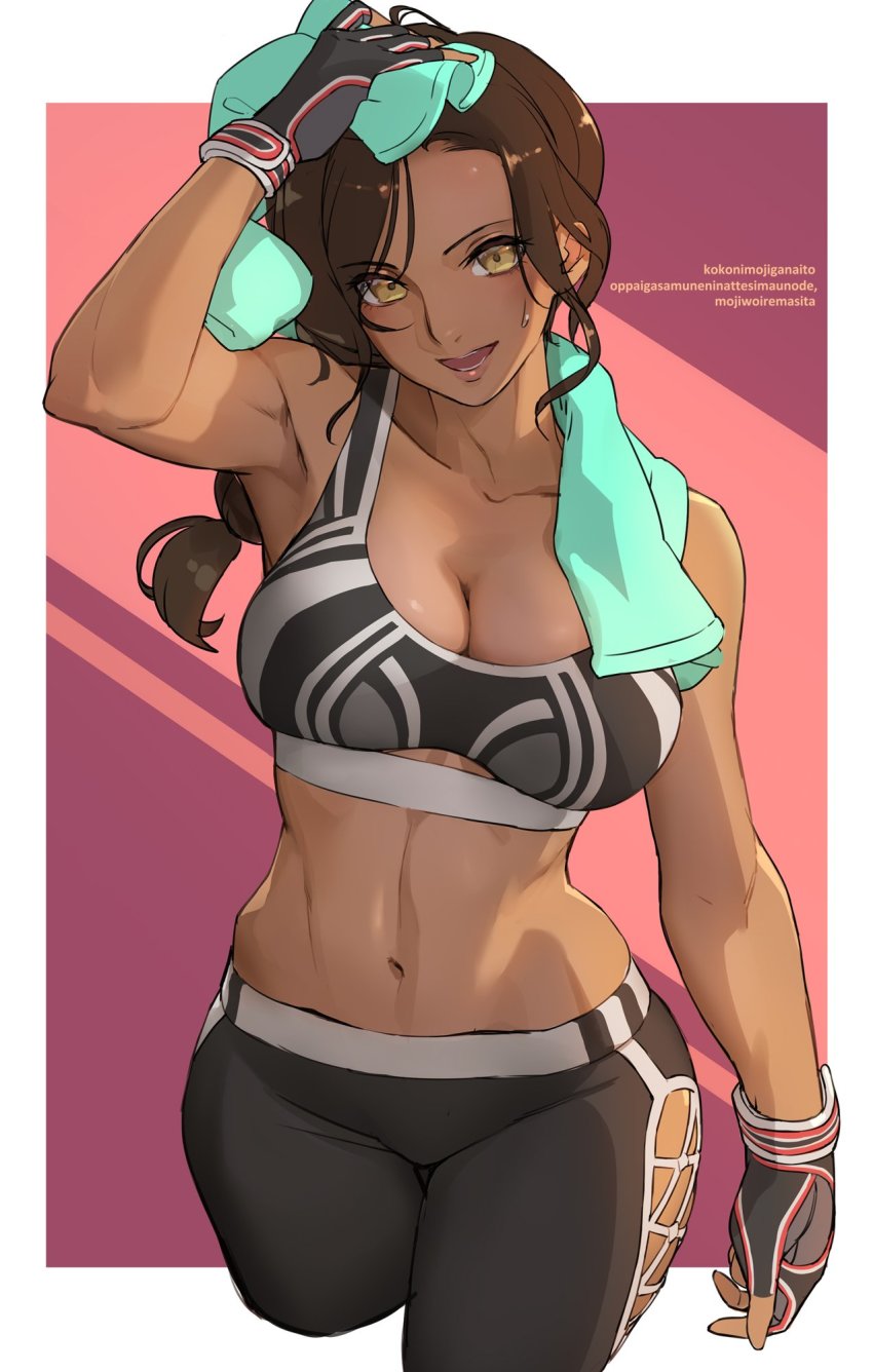 1girl, :d, ameno_tetsuo, armpits, bare_shoulders, black_pants, breasts, brown_hair, cleavage, collarbone, commentary_request, dark-skinned_female, dark_skin, female_focus, fingerless_gloves, fitness_boxing, gloves, hand_on_own_head, highres, large_breasts, laura_(fitness_boxing), long_hair, looking_at_viewer, low-tied_long_hair, midriff, navel, nintendo, nintendo_switch, open_mouth, pants, smile, solo, sports_bra, stomach, striped_background, sweat, sweatdrop, toned, towel, towel_around_neck, yellow_eyes