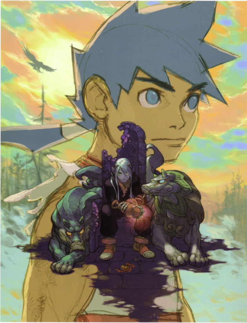 2boys, a-tur, absurdres, breath_of_fire, breath_of_fire_complete_works, breath_of_fire_iv, capcom, fou-lu, highres, multiple_boys, pointy_ears, ryu_(breath_of_fire_iv), scan, sitting, spiked_hair, won-qu, yoshikawa_tatsuya