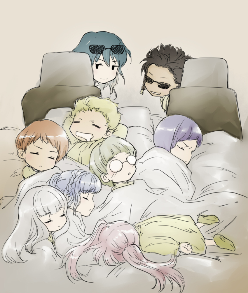 4boys, 5girls, aged_down, black_hair, blanket, blonde_hair, blue_hair, female_byleth_(fire_emblem)