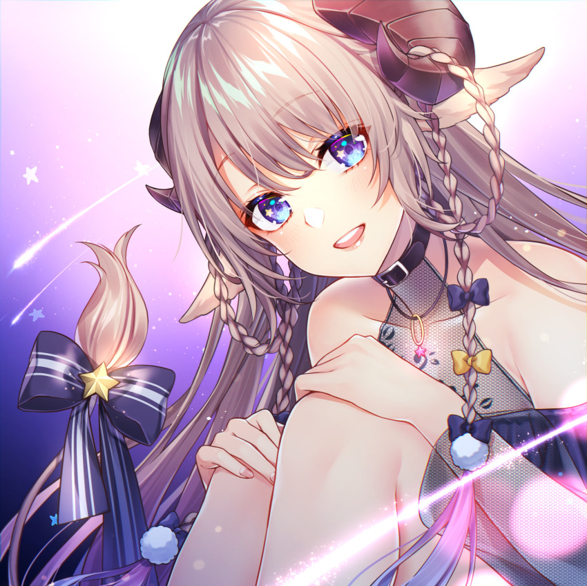 1girl, animal_ears, bare_shoulders, blue_bow, blue_eyes, blush, bow, braid