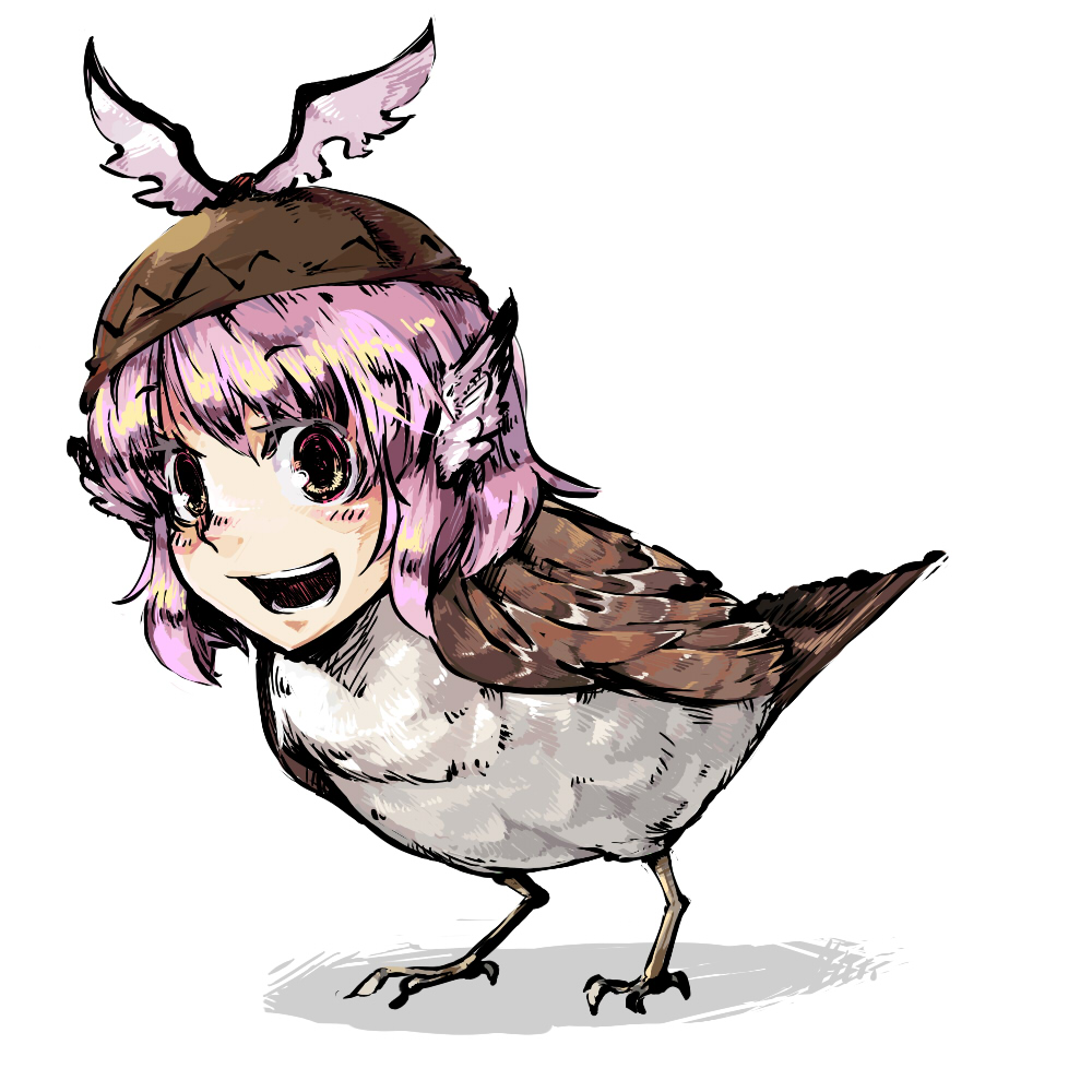1girl, animal_ears, animalization, bird, creepy, female_focus, happy, hat, horror_(theme), kome_(404), mystia_lorelei, mystia_lorelei_(bird), pink_eyes, pink_hair, short_hair, solo, sparrow, touhou, what