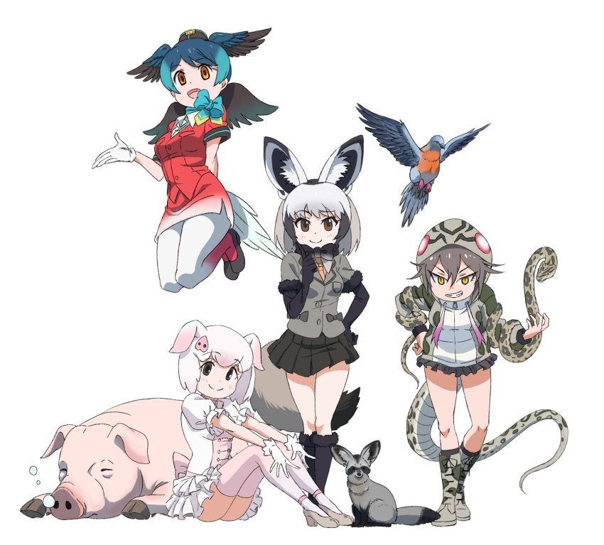 4koma, animal, animal_ears, back_bow, bad_id, bad_twitter_id, bat-eared_fox, bat-eared_fox_(kemono_friends), bird, bird_girl, bird_tail, bird_wings, black_footwear, black_gloves, black_hair, black_neckwear, blouse, blue_hair, blue_neckwear, blush, boots, bow, bowtie, brown_eyes, brown_skirt, collared_shirt, comic, commentary_request, creature_and_personification, drawstring, elbow_gloves, flying, fox, fox_ears, fox_girl, fox_tail, frilled_skirt, frills, full_body, fur_trim, garrison_cap, gloves, gradient_clothes, gradient_hair, gradient_legwear, gradient_skirt, grey_bow, grey_hair, grey_jacket, grey_legwear, grin, habu, hand_on_own_hip, hands_on_own_knees, hat, head_wings, high_heels, highres, hood, hood_up, hoodie, jacket, kemono_friends, kemono_friends_2, long_hair, long_sleeves, midair, multicolored_clothes, multicolored_hair, multicolored_legwear, necktie, okinawa_habu_(kemono_friends), orange_neckwear, pantyhose, passenger_pigeon, passenger_pigeon_(kemono_friends), pencil_skirt, personification, pig, pig_(kemono_friends), pig_ears, pig_girl, pig_nose, pink_bow, pink_hair, pink_legwear, pink_neckwear, pink_shirt, pleated_skirt, pleated_sleeves, print_footwear, print_hoodie, puffy_short_sleeves, puffy_sleeves, red_jacket, red_legwear, red_skirt, scarf, shirt, short_hair, short_sleeves, sitting, skirt, sleeping, slit_pupils, smile, snake, snake_print, snake_tail, socks, tail, thighhighs, two-tone_hair, two-tone_shirt, white_gloves, white_hair, white_legwear, white_shirt, white_skirt, wings, yamaguchi_yoshimi, yellow_eyes, zettai_ryouiki