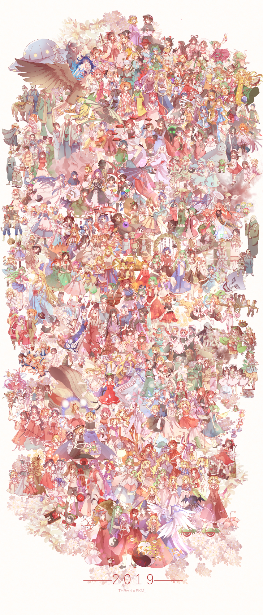 2019, 6+boys, 6+girls, :3, absolutely_everyone, absurdly_detailed_composition, absurdly_long_hair, absurdres, ahoge, aki_minoriko, aki_shizuha, alcohol, alice_margatroid, alice_margatroid_(pc-98), amaterasu_(mythology), ame_no_uzume, american_flag, angel_wings, animal, animal_ears, animal_hat, animal_on_head, anniversary, antennae, apron, armor, asakura_rikako, ascot, asymmetrical_clothes, asymmetrical_wings, baby_animal, bag, bakebake_(touhou), bakedanuki_(touhou), bald, bandages, bandana, bare_shoulders, bat_wings, beard, beer, beerko, belt, beret, bird, birdcage, biwa_lute, black_hair, black_headwear, black_shirt, blonde_hair, blonde_makai_resident_(touhou), blouse, blue_eyes, blue_hair, blue_shirt, blunt_bangs, blush_stickers, book, bottle, bow, bow_(weapon), bowl, bowl_hat, bowtie, braid, branch, breasts, brown_eyes, brown_hair, bucket, cage, camouflage, camouflage_headwear, camouflage_skirt, cape, capelet, cat, cat_ears, cat_tail, cellphone, chain, checkered_clothes, checkered_shirt, chen, chick, chicken, chupacabra, cirno, clam, cleavage, cloak, clock, clothes_writing, clownpiece, commentary_request, cow_ears, cow_horns, cowboy_hat, crescent, crescent_hair_ornament, crowd, cuffs, cup, curiosities_of_lotus_asia, daiyousei, demon_wings, detached_sleeves, dolls_in_pseudo_paradise, doremy_sweet, double_bun, double_dealing_character, dragon, dragon_horns, dragon_tail, dress, dress_shirt, drill_hair, dual_persona, dual_wielding, eagle, eagle_spirit_(touhou), earlobes, eastern_and_little_nature_deity, ebisu_eika, elis_(touhou), ellen_(touhou), elly_(touhou), embodiment_of_scarlet_devil, enenra_(touhou), eternity_larva, everyone, evil_dragon_(touhou), evil_eye_sigma, extra, eyeball, facial_hair, fairy, fairy_maid_(touhou), fairy_wings, feathered_wings, fingernails, fins, fish, fishing_rod, flandre_scarlet, flat_cap, flower, flower_tank_(touhou), food, forbidden_scrollery, fortune_teller_(touhou), fox, fox_ears, fox_tail, frilled_apron, frilled_bow, frilled_dress, frills, frog, frog_hair_ornament, fruit, fujiwara_no_mokou, fujiwara_no_mokou_(young), full_body, futatsuiwa_mamizou, gas_mask, gengetsu_(touhou), genjii_(touhou), geta, ghost, ghostly_field_club, glasses, gohei, goliath_doll, gourd, gradient_hair, grapes, green_hair, grey_hair, hair_bow, hair_bun, hair_flower, hair_ornament, hair_over_one_eye, hair_rings, hair_tubes, hakurei_reimu, hakurei_reimu_(pc-98), halo, hand_fan, haniwa_(statue), haniyasushin_keiki, hasshaku-sama, hat, hat_bow, hata_no_kokoro, head_fins, head_wings, headband, headless, headscarf, heart, heart_of_string, hecatia_lapislazuli, hieda_no_akyuu, highly_responsive_to_prayers, highres, hijiri_byakuren, hijiri_myouren, himekaidou_hatate, hinanawi_tenshi, hisou_tensoku, hitodama, hobgoblin_(touhou), holding, holding_polearm, holding_spear, holding_weapon, hong_meiling, hood, hoop, hopeless_masquerade, horikawa_raiko, horns, horse, hoshiguma_yuugi, hoshiguma_yuugi_(kimono), houjuu_nue, hourai_doll, houraisan_kaguya, houso_(touhou), huge_filesize, ibaraki_douji_(touhou), ibaraki_kasen, ibuki_suika, ice, ice_wings, imaizumi_kagerou, immaterial_and_missing_power, imperishable_night, inaba_mob_(touhou), inaba_tewi, instrument, inubashiri_momiji, ishikori-dome, izayoi_sakuya, izunome, jacket_girl_(dipp), japanese_clothes, japanese_urban_legends, jester_cap, jeweled_branch_of_hourai, jiangshi, jinmenken, jizou, joutouguu_mayumi, junko_(touhou), kaenbyou_rin, kagiyama_hina, kaku_seiga, kamishirasawa_keine, kana_anaberal, kappa_mob_(touhou), karakasa_obake, kasodani_kyouko, kawashiro_nitori, kazami_yuuka, kazami_yuuka_(pc-98), keyboard_(instrument), kicchou_yachie, kijin_seija, kikuri_(touhou), kimono, kine, kirisame_marisa, kirisame_marisa_(pc-98), kishin_sagume, kisume, kitashirakawa_chiyuri, kitsune, koakuma, kochiya_sanae, komano_aunn, komeiji_koishi, komeiji_satori, konngara_(touhou), konpaku_youki, konpaku_youmu, konpaku_youmu_(ghost), kotohime_(touhou), kourindou_tengu_costume, koutei_(touhou), kumoi_ichirin, kurodani_yamame, kurokoma_saki, kurumi_(touhou), kutsutsura, label_girl_(dipp), lance, layla_prismriver, leaf, legacy_of_lunatic_kingdom, letty_whiterock, light_purple_hair, lily_white, little_green_men, long_dress, long_earlobes, long_hair, long_sleeves, lotus_land_story, louise_(touhou), luna_child, lunasa_prismriver, lute_(instrument), lyrica_prismriver, mai_(touhou), maid, maid_apron, maid_headdress, mallet, manzairaku, maribel_hearn, mask, matara_okina, matenshi_(touhou), medicine_melancholy, meira_(touhou), merlin_prismriver, mermaid, midriff, miko, military, military_vehicle, mima_(touhou), mimi-chan, mini-hakkero, miyako_yoshika, mizuhashi_parsee, mob_cap, mononobe_no_futo, monster_girl, morichika_rinnosuke, moriya_suwako, motoori_kosuzu, motor_vehicle, motorcycle, mountain_of_faith, mouse_ears, mugetsu_(touhou), multi_(to_heart), multicolored_hair, multiple_boys, multiple_girls, multiple_persona, multiple_tails, murasa_minamitsu, mystia_lorelei, mystic_square, nagae_iku, namazu_(touhou), nazrin, necktie, newsboy_cap, nightcap, nishida_satono, niwatari_kutaka, noh_mask, noroiko, nurse_cap, off-shoulder_shirt, off_shoulder, ofuda, okazaki_yumemi, okiku_(banchou_sarayashiki), on_head, oni_horns, onozuka_komachi, orange_(touhou), orb, original, otter_spirit_(touhou), outstretched_arms, overalls, oversized_animal, panda, pants, pantyhose, paper_fan, parasol, patchouli_knowledge, peach, perfect_cherry_blossom, phantasmagoria_of_dim.dream, phantasmagoria_of_flower_view, phone, pink-haired_makai_resident_(touhou), pink_hair, plaid_clothes, plaid_skirt, plaid_vest, plate, pointy_ears, polearm, pom_pom_(clothes), portrait_of_exotic_girls, purple_hair, rabbit, rabbit_ears, raccoon_ears, raccoon_tail, rapier, red_bow, red_eyes, red_hair, red_skirt, red_vest, reisen, reisen_udongein_inaba, reiuji_utsuho, remilia_scarlet, rengeteki_(touhou), ribbon-trimmed_sleeves, ribbon_trim, rice_hat, rika_(touhou), ringo_(touhou), rose, rumia, ruukoto, saddle, saigyouji_yuyuko, sakata_nemuno, sakazuki, sara_(touhou), sariel_(touhou), satsuki_rin, scarlet_weather_rhapsody, scroll, scythe, seal_(animal), seihou, seiran_(touhou), sekibanki, shackles, shameimaru_aya, shameimaru_aya_(newsboy), sharp_fingernails, shiki_eiki, shingyoku_(male)_(touhou), shingyoku_(orb)_(touhou), shingyoku_(touhou), shinki_(touhou), shirt, short_hair, short_sleeves, shorts, shrine, shrine_tank_(touhou), side_ponytail, silent_sinner_in_blue, single_hair_bun, single_horn, single_wing, skirt, skirt_set, sleeves_past_fingers, sleeves_past_wrists, slippers, smartphone, smile, smoking_pipe, snake_hair_ornament, soga_no_tojiko, sokrates_(touhou), spacecraft, sparrow, spear, star_(symbol), star_sapphire, statue, story_of_eastern_wonderland, sukuna_shinmyoumaru, sunflower, sunflower_fairy_(touhou), sunny_milk, suspenders, swimsuit, sword, tabard, tail, tan, tank, tanned_cirno, tanuki, tanuki_mob_(touhou), tatara_kogasa, tate_eboshi, teireida_mai, ten_desires, third_eye, tiger, tokiko_(touhou), tokin_hat, tongue, toramaru_shou, touhou, touhou_(pc-98), touhou_bougetsushou, touhou_hisoutensoku, touhou_sangetsusei, toyosatomimi_no_miko, tray, triangular_headpiece, trumpet, tsuchinoko, tsuki_no_iwakasa, tsukumo_benben, tsukumo_yatsuhashi, tupai_(touhou), turtle, twin_braids, twin_drills, twintails, two-tone_hair, two_side_up, two_tails, ufo, umbrella, undefined_fantastic_object, unshou, unzan, urban_legend_in_limbo, usami_renko, usami_sumireko, ushizaki_urumi, very_long_hair, vest, violin, vivit, wakasagihime, wand, watatsuki_no_toyohime, watatsuki_no_yorihime, weapon, white_apron, white_dress, white_headwear, wide_sleeves, wild_and_horned_hermit, wily_beast_and_weakest_creature, wings, witch, witch_hat, wolf_spirit_(touhou), wrench, wriggle_nightbug, yagokoro_eirin, yakumo_ran, yakumo_yukari, yasaka_kanako, yasato, yatadera_narumi, yellow_dress, yellow_eyes, yellow_wings, yin_yang, yorigami_jo'on, yorigami_shion, youkai_fox_(forbidden_scrollery), youkai_fox_(wild_and_horned_hermit), yuki_(touhou), yumeko_(touhou), yuugenmagan, zashiki-warashi_(touhou), zombie_fairy_(touhou), zombie_pose