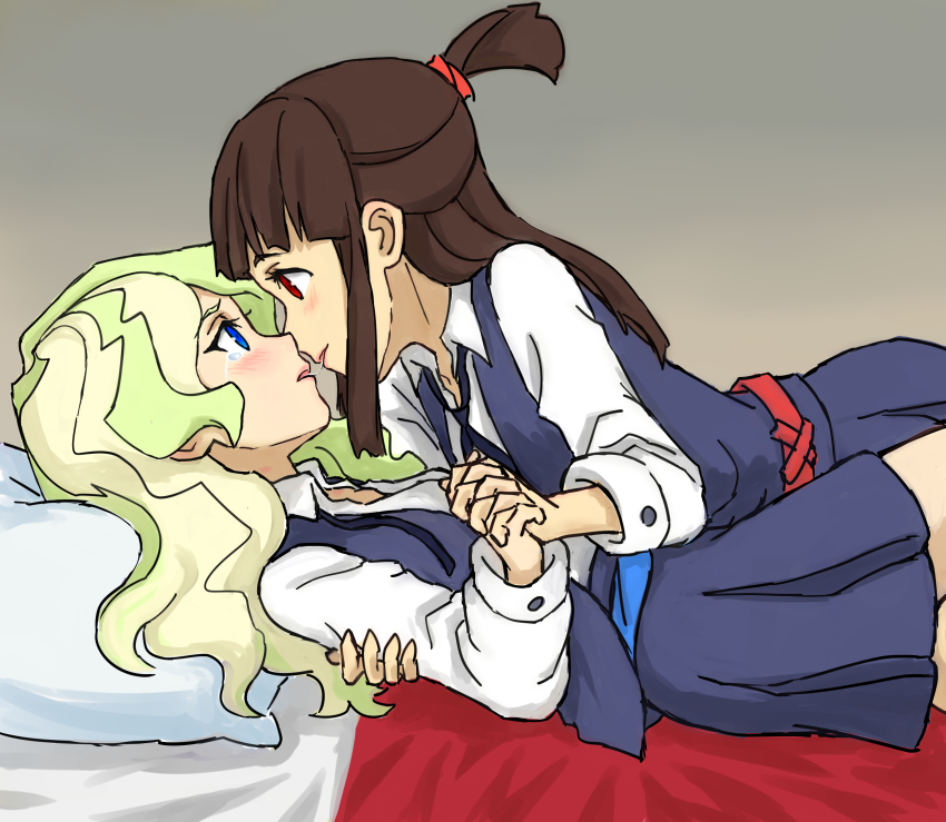 2girls, a50926123, absurdres, bed, blue_eyes, blue_sash, brown_hair, collared_shirt, couple, crying, diana_cavendish, eye_contact, highres, holding_hands, interlocked_fingers, kagari_atsuko, kiss, little_witch_academia, long_hair, looking_at_another, luna_nova_school_uniform, lying, multiple_girls, neck_ribbon, red_eyes, red_sash, ribbon, saliva, saliva_trail, sash, school_uniform, shirt, simple_background, skirt, smile, tears, thighs, tongue, two-tone_background, vest, wavy_hair, white_shirt, yuri