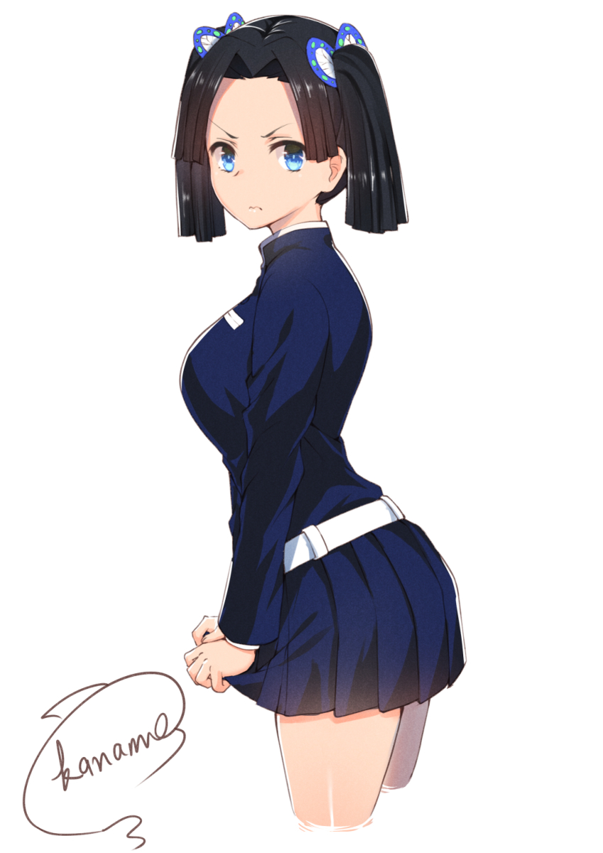 1girl, artist_name, belt, black_hair, blue_hair, blue_shirt, blue_skirt, breasts, commentary_request, cropped_legs, female_focus, from_side, frown, highres, kaname_(melaninusa09), kanzaki_aoi_(kimetsu_no_yaiba), kimetsu_no_yaiba, large_breasts, looking_at_viewer, parted_bangs, shirt, side_ponytail, simple_background, skirt, solo, unose_aoi, wavy_mouth, white_background, white_belt