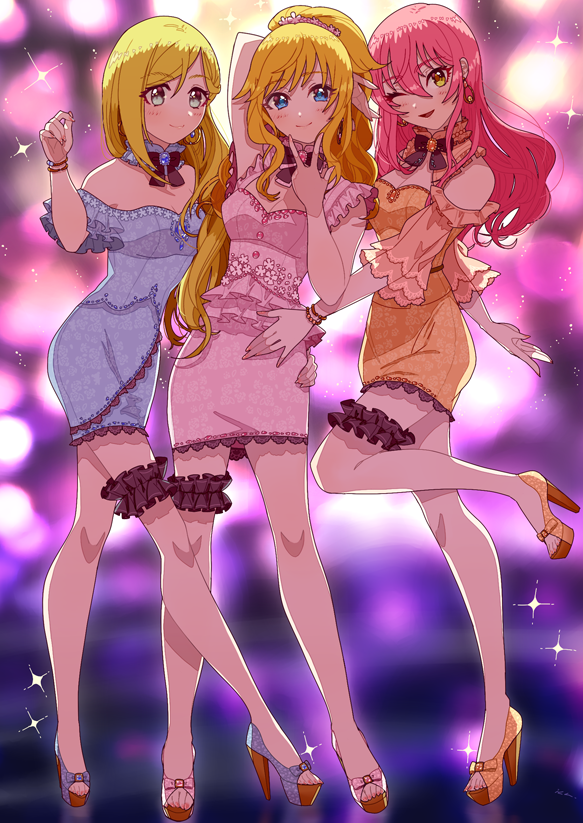 3girls, arm_behind_head, bare_arms, bare_shoulders, black_bow, blonde_hair, blue_dress, blue_eyes