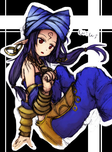 1girl, arabian_clothes, bad_id, bad_pixiv_id, baggy_pants, bare_shoulders, detached_sleeves, earrings