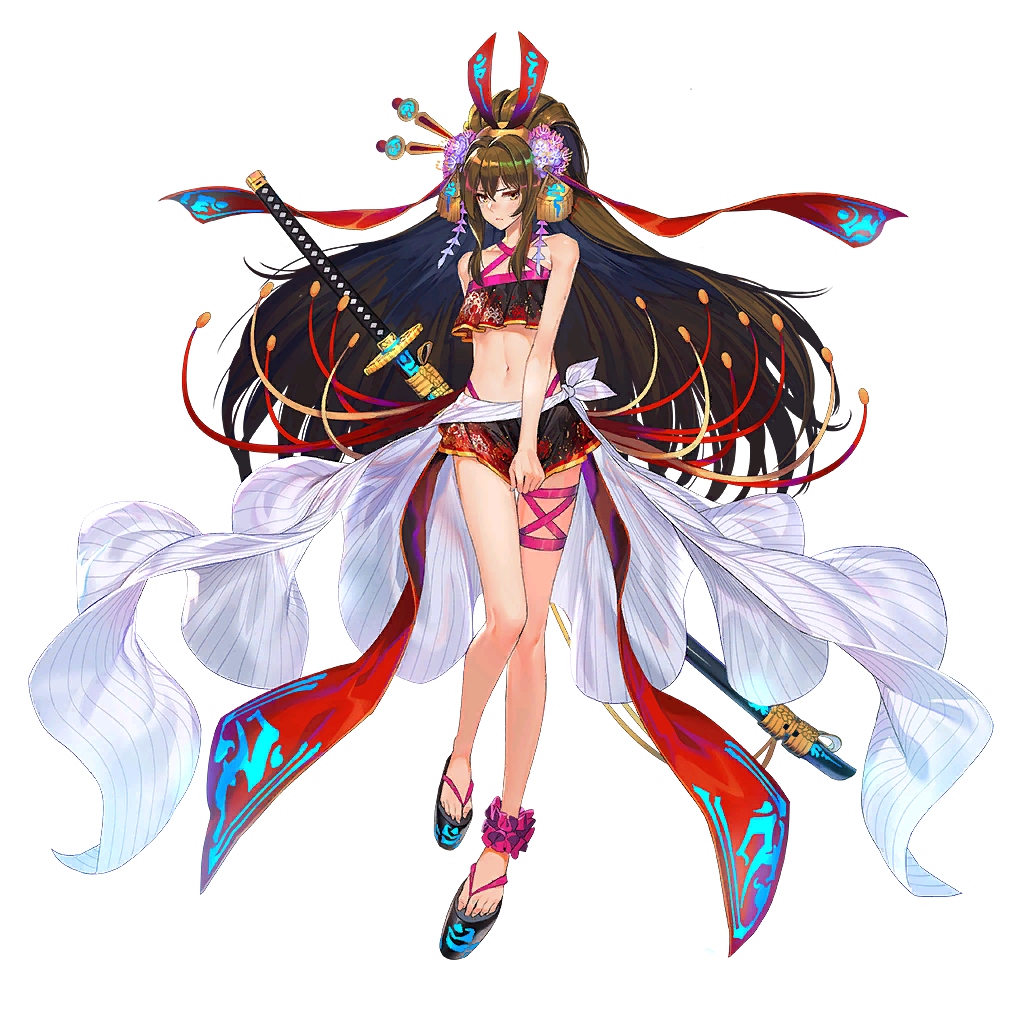 1boy, bare_shoulders, bikini, brown_hair, criss-cross_halter, crossdressing, crossdressing_(mtf), embarrassed, full_body, glowing_markings, hair_ornament, hair_up, halterneck, japanese_clothes, katana, legband, long_hair, male_focus, miniskirt, official_art, ootachi, platform_clogs, platform_sandals, pulling, raijuu_(bakanara), sandals, sarong, scrunchie, sheath, sheathed, shion_(ta_ga_tame_no_alchemist), skirt, skirt_tug, solo, swimsuit, sword, ta_ga_tame_no_alchemist, transparent_background, trap, weapon, yellow_eyes