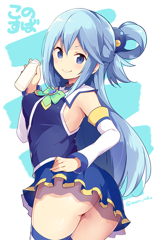 >:), 1girl, aqua_(konosuba), aqua_bow, aqua_bowtie, ass, blue_eyes, blue_hair, blue_skirt, blush, bottle, bow, bowtie, closed_mouth, commentary_request, copyright_name, cowboy_shot, detached_sleeves, female_focus, hair_ornament, hair_rings, hand_on_own_hip, holding, holding_bottle, kono_subarashii_sekai_ni_shukufuku_wo!, looking_at_viewer, milk, miniskirt, no_panties, rokushou_kokuu, skirt, smile, solo, sphere_hair_ornament, striped_clothes, striped_thighhighs, thighhighs, twisted_torso, twitter_username
