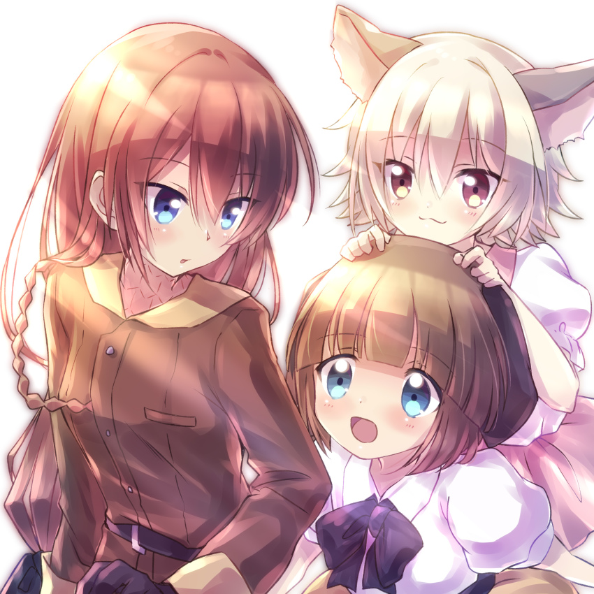 3girls, animal_ears, blue_eyes, brown_hair, cat_ears, death_march_kara_hajimaru_isekai_kyousoukyoku, dog_ears, highres