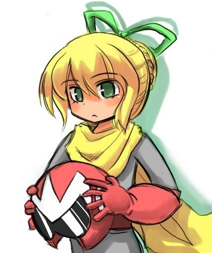 1girl, blonde_hair, capcom, cosplay, female_focus, green_eyes, hair_ribbon, helmet, mega_man_(classic), mega_man_(series), proto_man, proto_man_(cosplay), ribbon, roll_(mega_man), scarf, solo