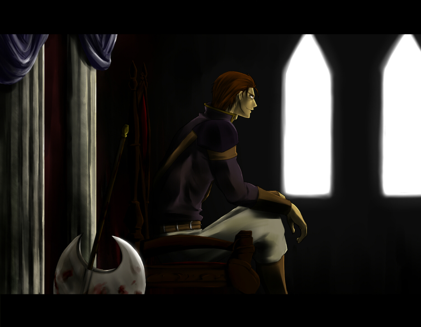 1boy, axe, belt, blood, boots, brown_hair, caellach_(fire_emblem), curtains, fire_emblem, fire_emblem:_the_sacred_stones, male_focus, nintendo, on_throne, sitting, solo, throne, window, y-f