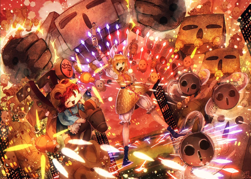 1girl, 1other, apron, arm_up, armor, bad_id, bad_pixiv_id, black_footwear