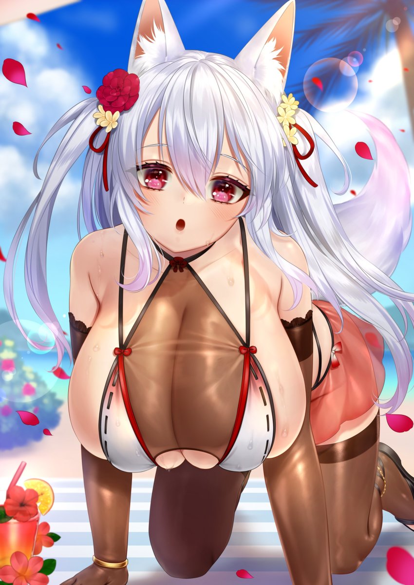 1girl, absurdres, all_fours, animal_ears, anklet, beach, bikini, bikini_skirt