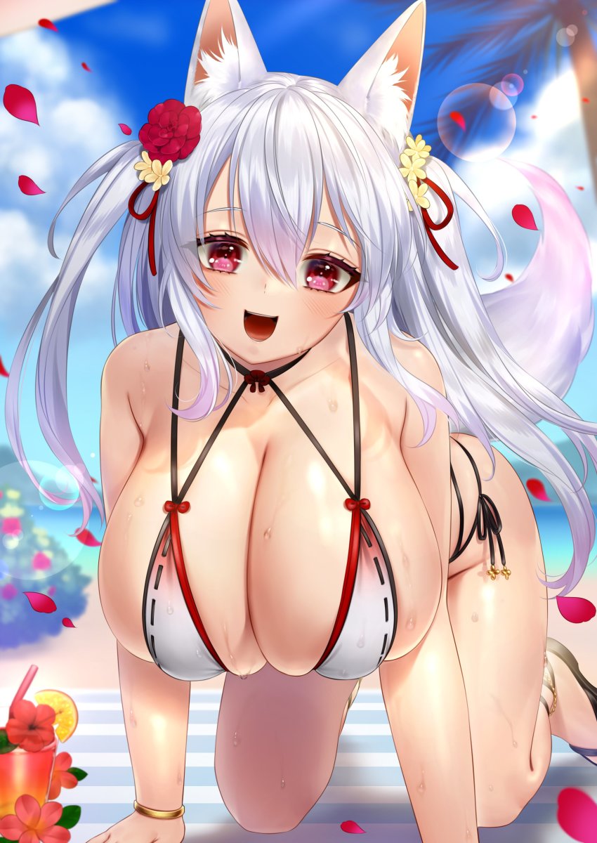 1girl, absurdres, all_fours, animal_ears, anklet, beach, bikini, blush