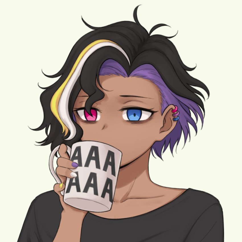 1other, alex_(pas_(paxiti)), androgynous, bags_under_eyes, black_hair, black_shirt, blonde_hair, coffee_mug, collarbone, colored_inner_hair, cup, dark_skin, drinking, ear_piercing, empty_eyes, heterochromia, holding, holding_cup, lgbt_pride, messy_hair, mug, multicolored_hair, multicolored_nails, nail_polish, non-binary_colors, original, pas_(paxiti), piercing, portrait, purple_hair, purple_nails, shirt, short_hair, simple_background, solo, streaked_hair, white_hair, white_nails, yellow_nails