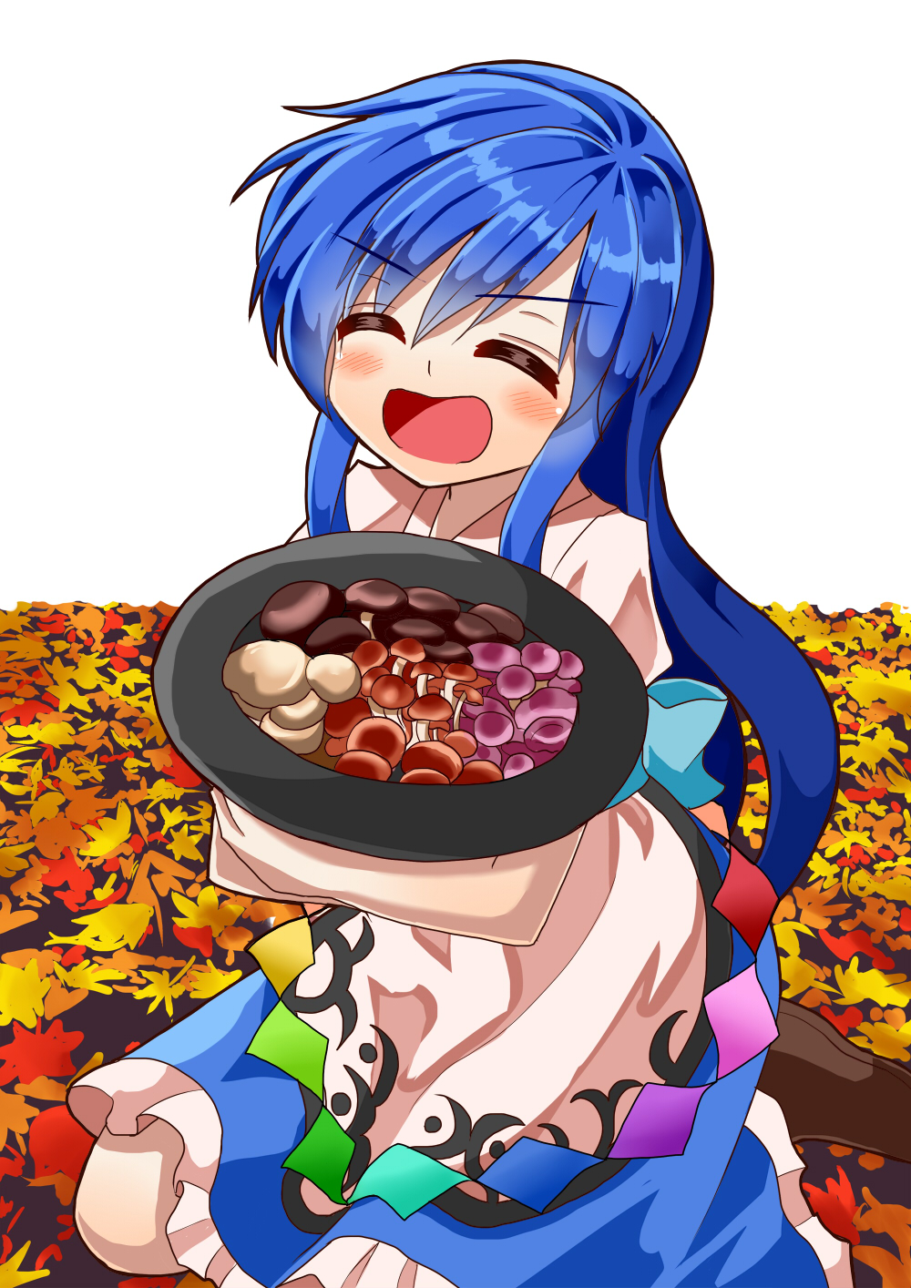 1girl, autumn, autumn_leaves, blue_hair, blush, brown_footwear, closed_eyes, commentary_request