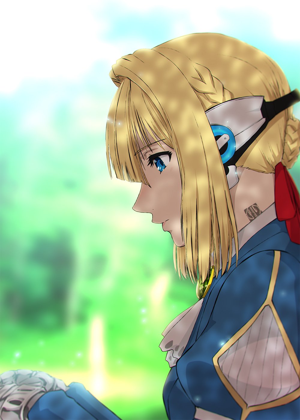 1girl, blonde_hair, blue_eyes, blue_jacket, braid, brooch, crossover, dress, female_focus, gloves, hair_between_eyes, hair_intakes, hair_ribbon, headphones, highres, humagear_headphones, jacket, jewelry, kamen_rider, kamen_rider_01_(series), kamen_rider_zero-one_(series), long_hair, long_sleeves, red_ribbon, ribbon, solo, ueyama_michirou, violet_evergarden, violet_evergarden_(series)