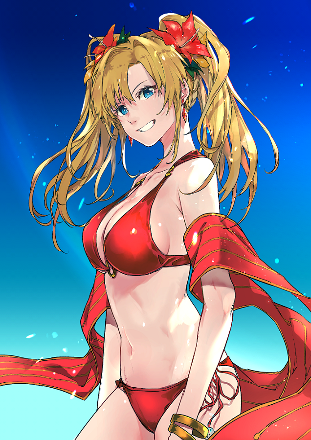 1girl, bikini, blonde_hair, blue_eyes, blue_sky, bracelet, breasts, day, earrings, female_focus, flower, granblue_fantasy, grin, hair_flower, hair_ornament, halterneck, jewelry, kaitara_deru, large_breasts, long_hair, o-ring, o-ring_bikini, red_bikini, side-tie_bikini_bottom, sky, smile, solo, standing, swimsuit, twintails, wet, zeta_(granblue_fantasy), zeta_(summer)_(granblue_fantasy)