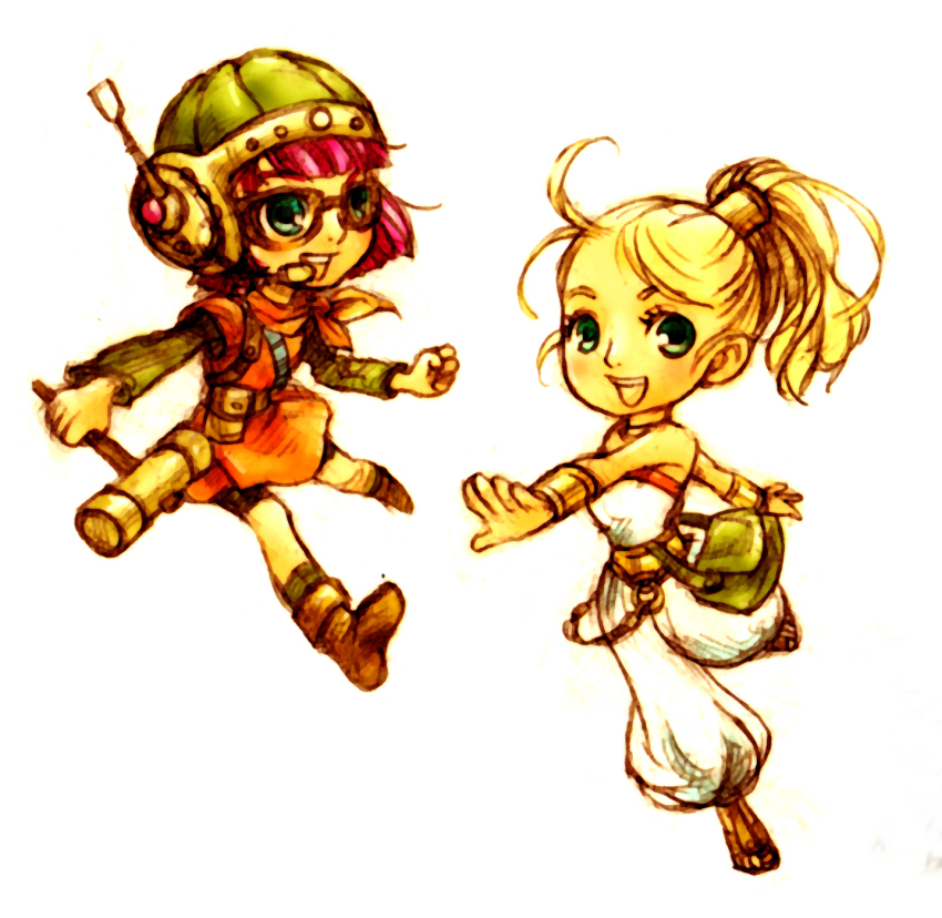 1990s_(style), 2girls, antennae, blue_eyes, boots, bracelet, chrono_(series), chrono_trigger
