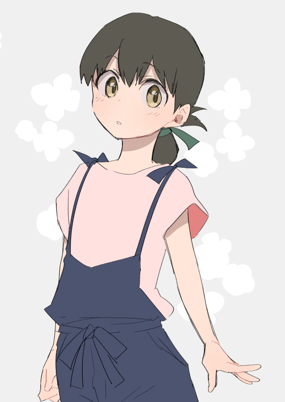 1girl, 8ne_(nitika127), alternate_costume, black_hair, blouse, blue_dress, blue_ribbon, brown_eyes