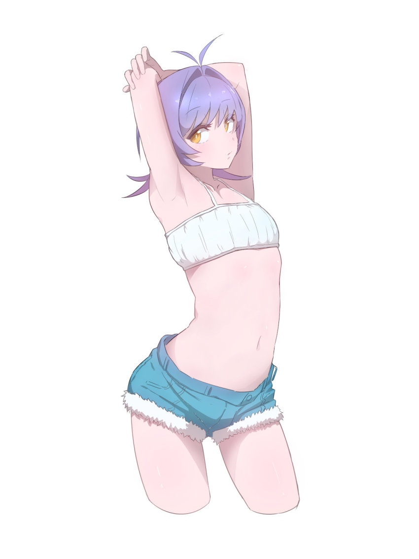 1other, ahoge, androgynous, armpits, arms_up, bare_arms, blue_hair, blue_shorts, blush, bra, collarbone, commentary_request, cowboy_shot, cropped_legs, flat_chest, fur_trim, gradient_hair, hand_on_own_elbow, highres, holding, komi-san_wa_komyushou_desu, looking_away, medium_hair, multicolored_hair, navel, osana_najimi_(komi-san_wa_komyushou_desu), other_focus, purple_hair, shiny_skin, short_shorts, shorts, sidelocks, simple_background, solo, swept_bangs, takita_(takita3411), underwear, white_background, yellow_eyes