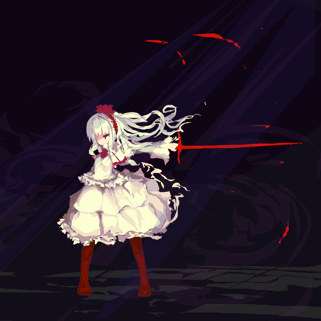 1girl, dress, fennel_(momodora), frills, hair_ornament, holding, holding_weapon, long_hair, momodora:_reverie_under_the_moonlight, pixel_art, red_legwear, standing, sword, tea_basira, weapon, white_dress, white_hair