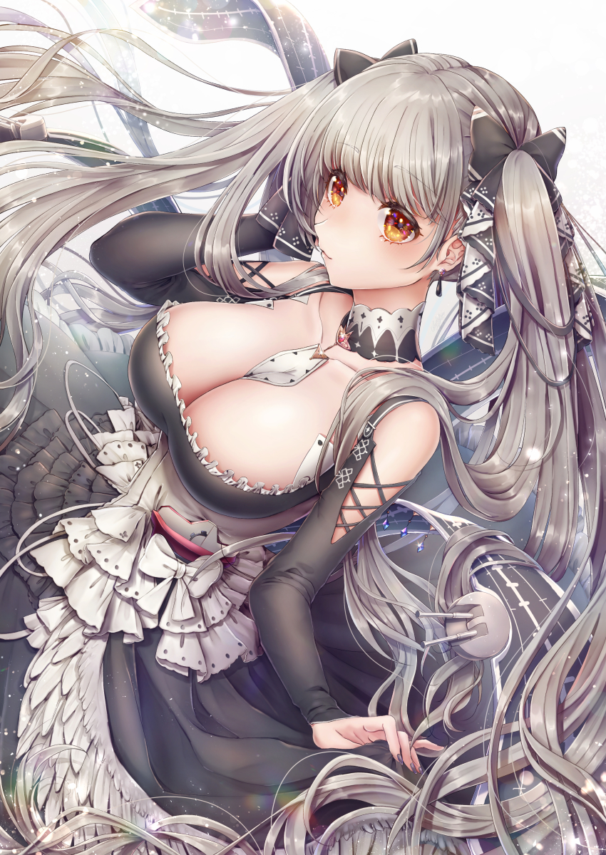 1girl, absurdres, azur_lane, bare_shoulders, between_breasts, black_dress, black_nails, blush