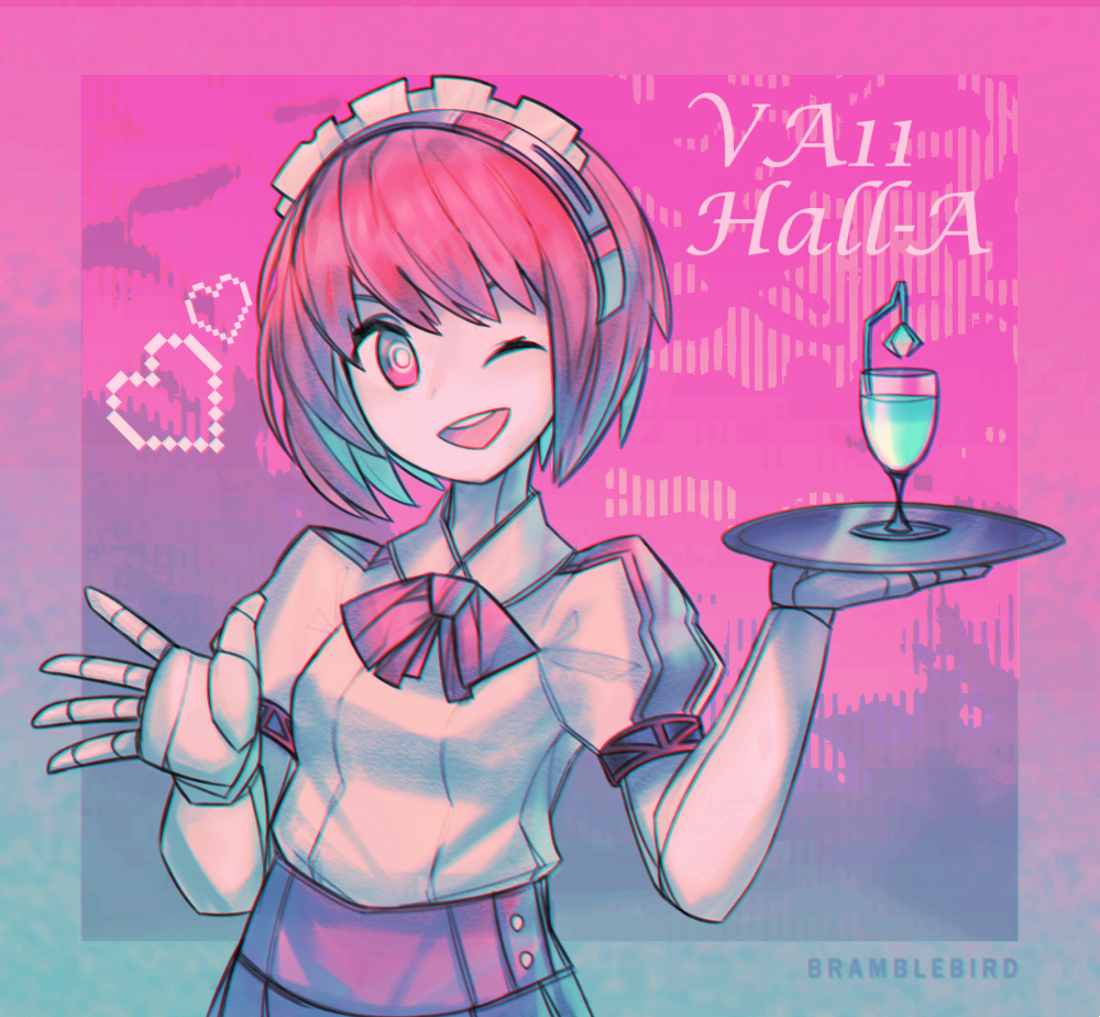 1girl, ;d, android, artist_name, bow, bowtie, commentary, copyright_name, dorothy_haze, female_focus, hairband, heart, kky, one_eye_closed, open_mouth, pink_background, pixel_heart, purple_background, red_eyes, red_hair, short_hair, smile, solo, tray, two-tone_background, upper_body, va-11_hall-a