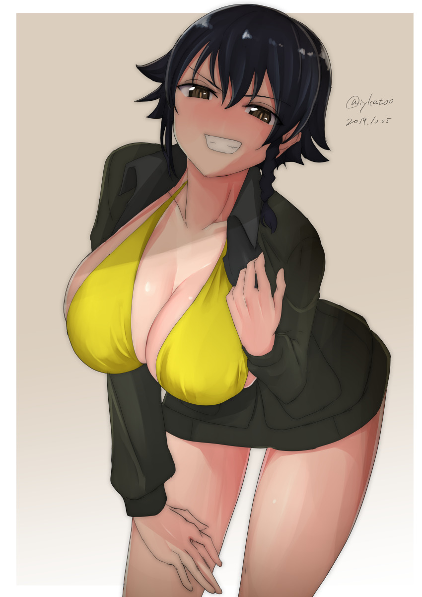 1girl, absurdres, artist_name, bikini, bikini_top_only, black_hair, blush, braid