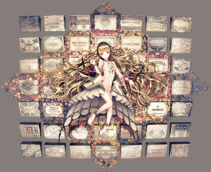 1girl, absurdres, arm_up, barefoot, blonde_hair, bow, braid, commentary_request