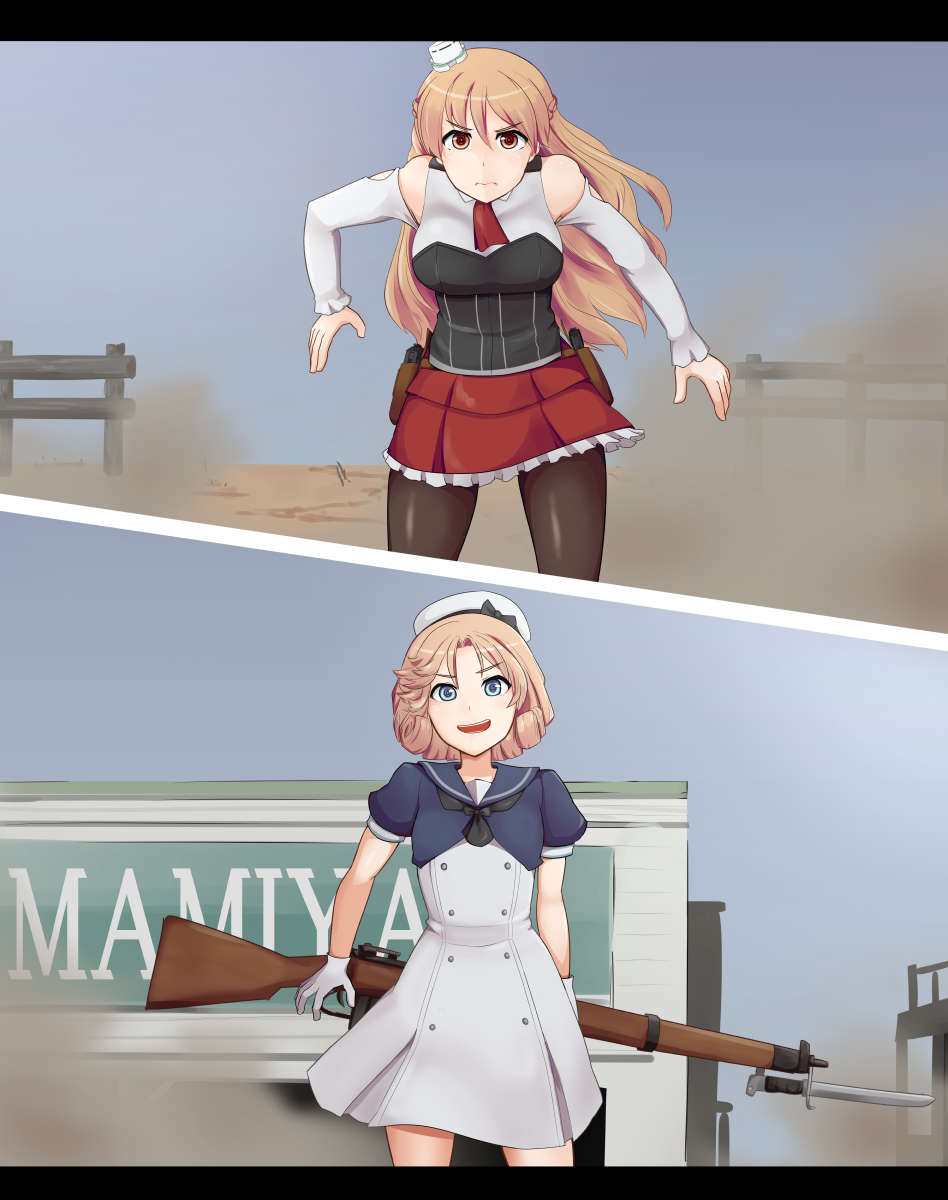 2girls, bare_shoulders, bayonet, black_neckwear, black_shirt, blonde_hair, blue_eyes, blue_sailor_collar, bolt_action, braid, brown_eyes, brown_legwear, commentary_request, detached_sleeves, dress, faceoff, firearm_request, french_braid, gloves, gun, hat, highres, janus_(kancolle), kantai_collection, lee-enfield, long_hair, looking_at_viewer, mini_hat, miniskirt, multiple_girls, name_connection, nikku_(nzaf5832), open_mouth, pantyhose, parody, parted_bangs, red_skirt, rifle, sailor_collar, sailor_dress, sailor_hat, shirt, short_hair, short_sleeves, skirt, split_theme, wavy_hair, weapon, white_dress, white_gloves, white_headwear, white_shirt, wild_arms, zara_(kancolle)