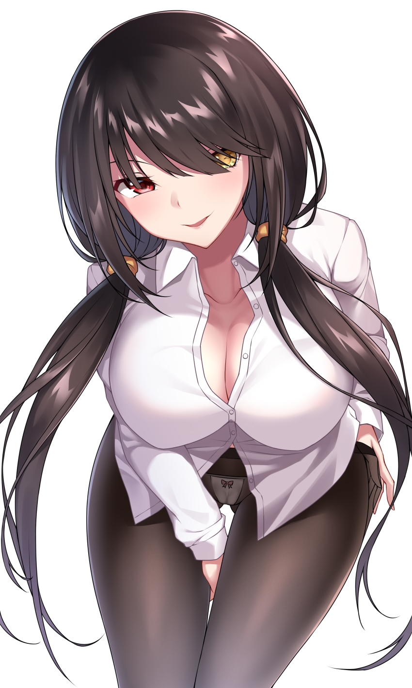 1girl, absurdres, between_legs, black_hair, black_pantyhose, blush, breasts, cleavage