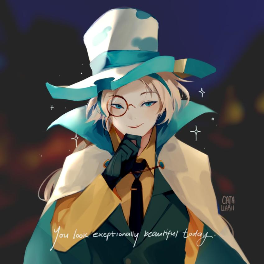 1boy, black_gloves, black_jacket, black_necktie, blonde_hair, cape, catallarii, collar