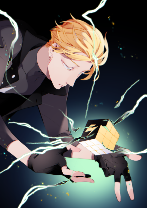 1boy, black_gloves, blonde_hair, closed_mouth, cookie_run, cube, fingerless_gloves, gloves, lemon_cookie, long_sleeves, looking_down, male_focus, personification, short_hair, solo, yume_on_(sylvia0411)