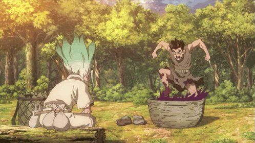 2boys, alcohol, animated, animated_gif, brown_hair, dr._stone, forest, ishigami_senkuu