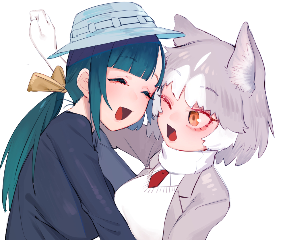 2girls, ^_^, animal_ears, beijuu, breasts, closed_eyes, dog_(mixed_breed)_(kemono_friends), dog_ears