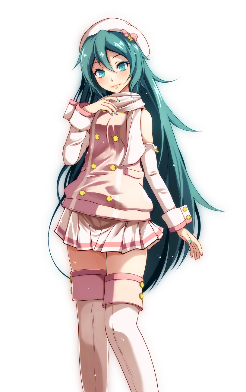 1girl, aqua_hair, blue_nails, boots, bow, closed_mouth, detached_sleeves, female_focus