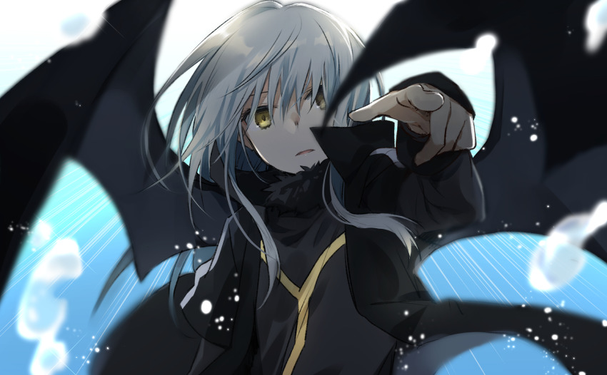 1girl, black_coat, black_wings, coat, female_focus, floating_hair, index_finger_raised, long_hair