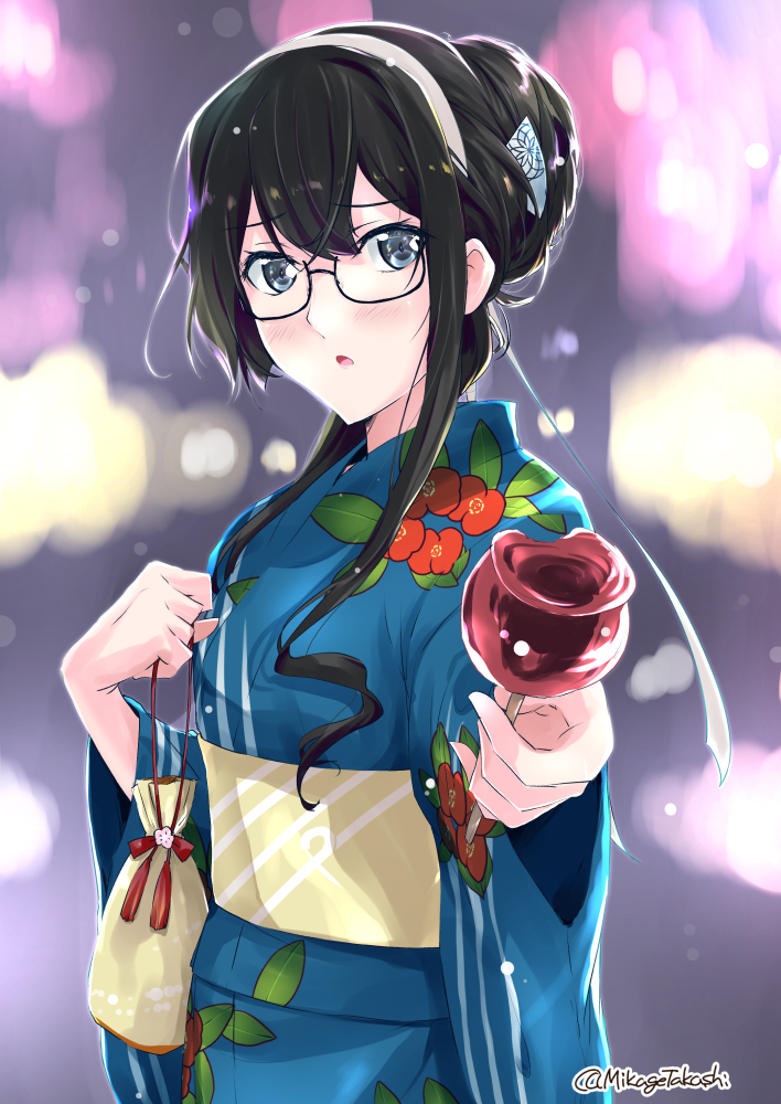 1girl, alternate_costume, alternate_hairstyle, bag, black_hair, blue_eyes, blue_kimono, blush