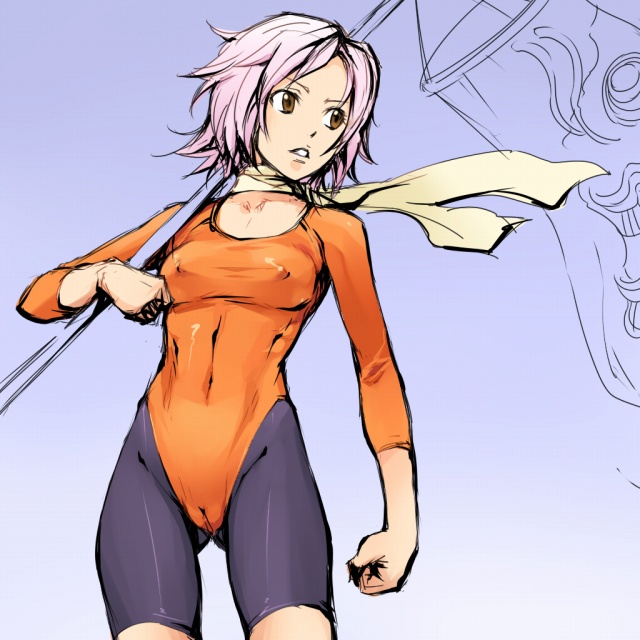 00s, 1girl, air_gear, breasts, cameltoe, clenched_hand, covered_erect_nipples, female_focus, leotard, mosha, noyamano_mikan, pink_hair, ribs, scarf, sketch, small_breasts, solo