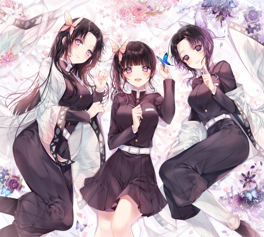 3girls, :d, absurdres, animal, animal_on_hand, belt, belt_buckle, black_flower, black_hair, black_jacket, black_pants, black_skirt, black_tulip, blunt_bangs, blush, breasts, buckle, bug, butterfly, butterfly_hair_ornament, butterfly_on_hand, closed_mouth, commentary_request, flower, forehead, gradient_hair, hair_ornament, hand_up, highres, index_finger_raised, insect, jacket, kimetsu_no_yaiba, kochou_kanae, kochou_shinobu, long_hair, long_sleeves, lying, medium_breasts, multicolored_hair, multiple_girls, on_back, on_side, open_clothes, open_mouth, pants, parted_bangs, parted_lips, petals, pink_flower, pleated_skirt, puffy_pants, purple_eyes, purple_hair, siblings, sisters, skirt, smile, taya_oco, tsuyuri_kanao, tulip, very_long_hair, white_belt, white_flower, wide_sleeves