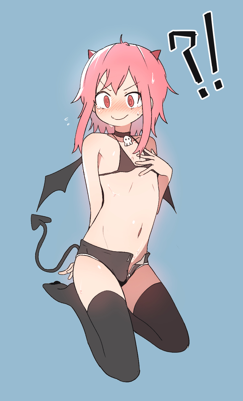 !?, 1girl, @_@, bat_wings, bikini, bikini_top_only, black_thighhighs, blue_background