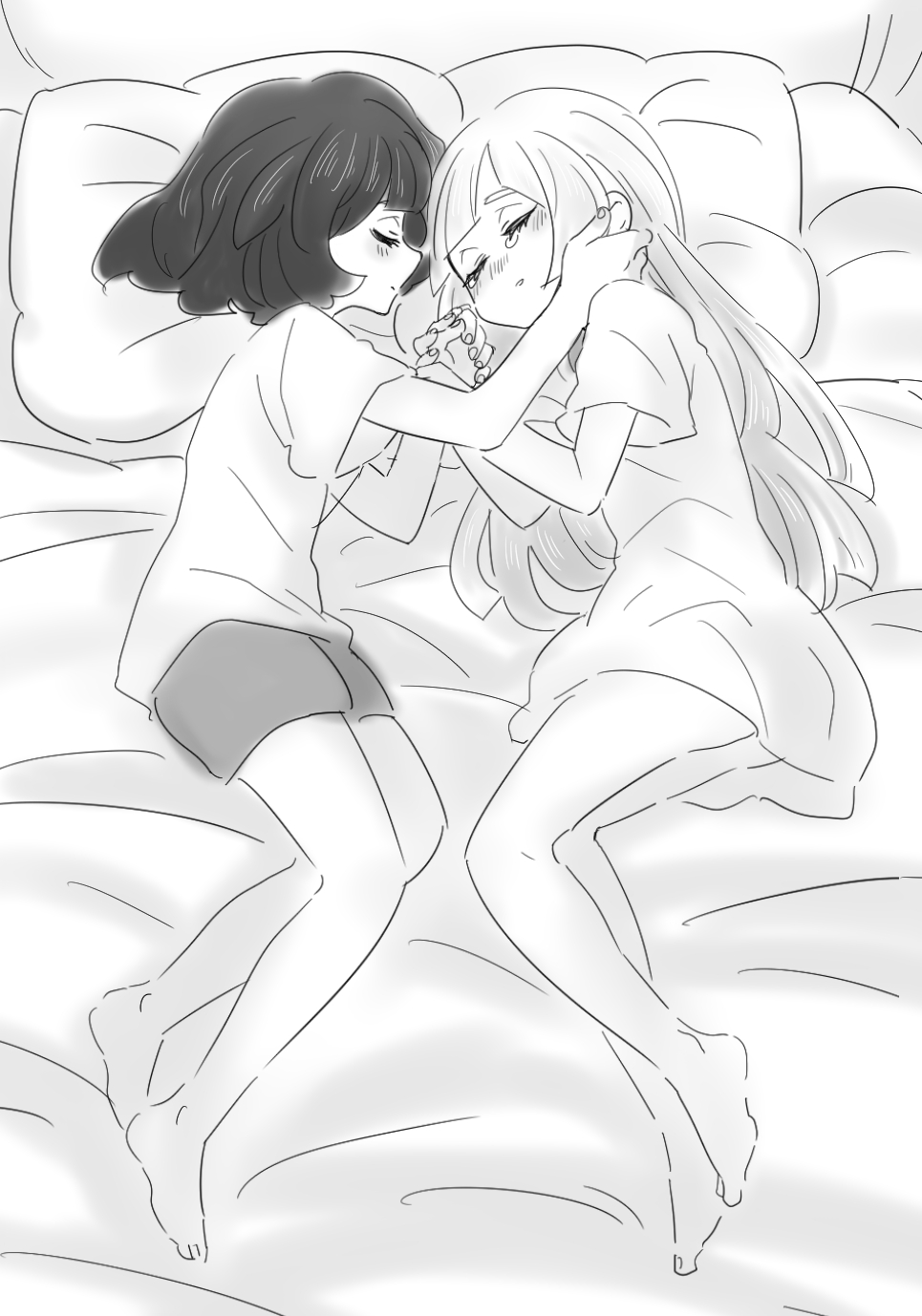 2girls, amagaeru_(amapippi052525), barefoot, black_hair, blonde_hair, closed_eyes, dress, greyscale