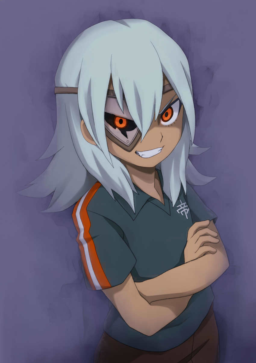 1boy, 317_(saina), absurdres, blue_background, blue_hair, crossed_arms, dark-skinned_male, dark_skin