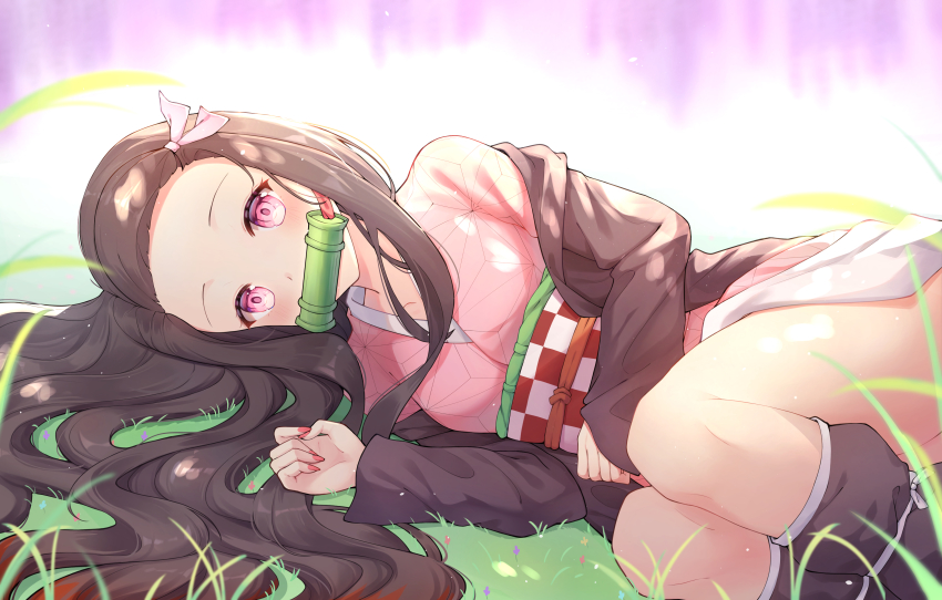 1girl, absurdres, bamboo, bit_gag, black_hair, brown_hair, commentary_request, female_focus