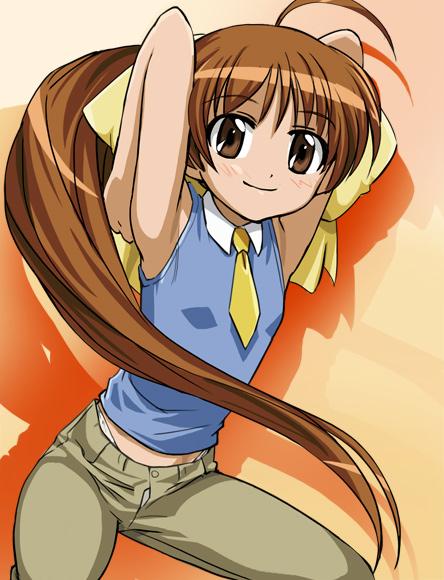 00s, 1girl, ahoge, armpits, brown_eyes, brown_hair, doujin_work, female_focus, haruyama_kazunori, long_hair, necktie, open_fly, osana_najimi_(doujin_work), panties, panty_peek, ponytail, shirt, sleeveless, sleeveless_shirt, solo, squatting, underwear, unzipped