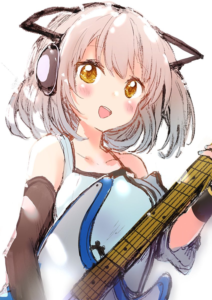 1girl, animal_ears, aqua_shirt, bass_guitar, blue_nails, blush, breasts, camomi