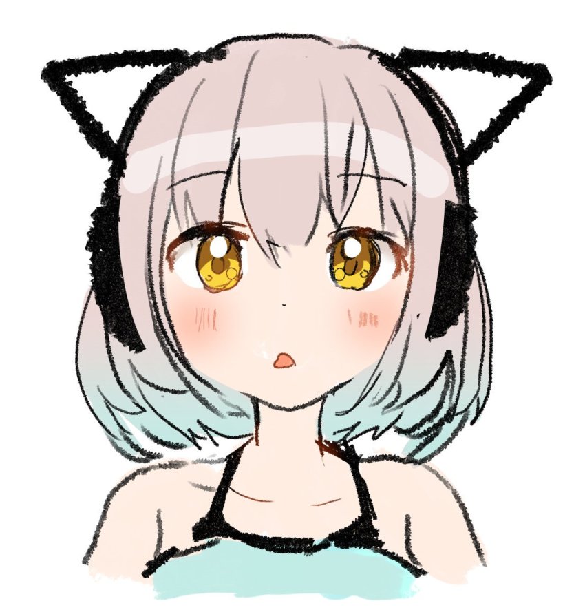 1girl, animal_ears, aqua_hair, aqua_shirt, bare_shoulders, blush, camomi, cat_ears