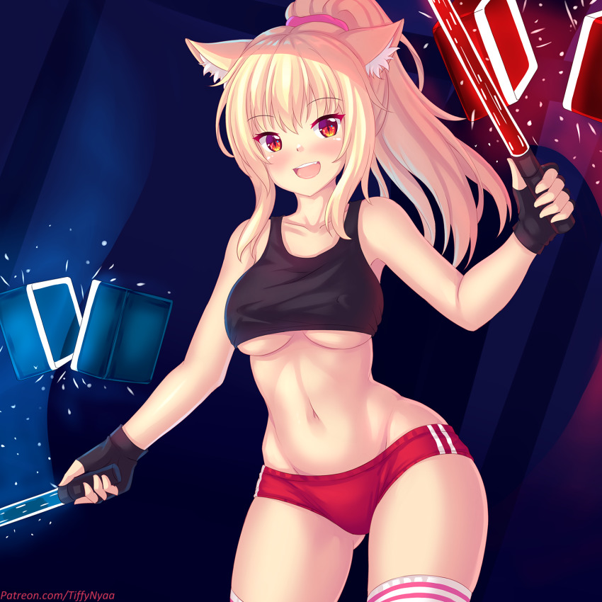 1girl, animal_ear_fluff, animal_ears, beat_saber, blonde_hair, blue_background, blush, breasts, buruma, cat_ears, cowboy_shot, energy_sword, fang, female_focus, fingerless_gloves, gloves, gluteal_fold, highres, large_breasts, long_hair, looking_at_viewer, midriff, navel, nottytiffy, open_mouth, original, ponytail, red_buruma, red_eyes, slit_pupils, solo, sword, tank_top, thighhighs, tiffy_(nottytiffy), underboob, watermark, weapon, web_address